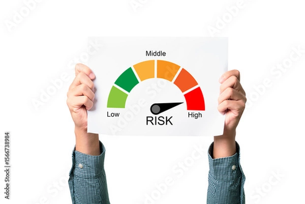 Fototapeta Businessman holding white paper with risk level indicator rating since low to high for Risk management and assessment concept.