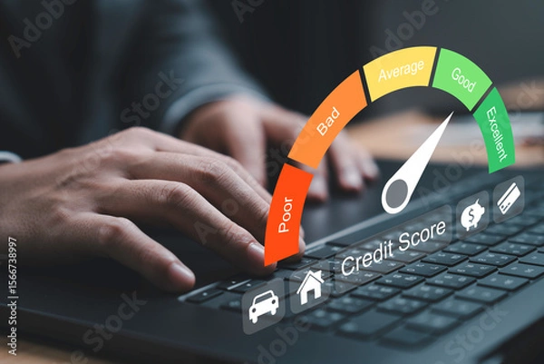 Fototapeta Close-up of hand typing on a laptop with a credit score gauge displayed. The gauge indicates varying levels of credit quality from poor to excellent for highlighting the importance of financial health
