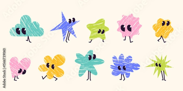 Fototapeta Set of funny cartoon abstract characters  with textured fill, big eyes, walking legs. Playful colorful minimalist cute childish creatures in various blob, cloud, and star shapes. Decoration elements.