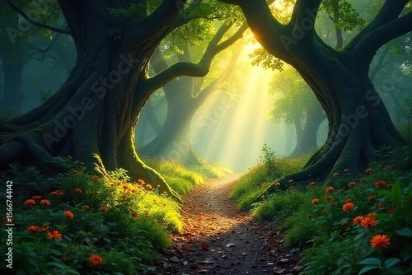 Fototapeta Sun-dappled path winds through a mystical enchanted forest, ancient trees draped in moss, glowing flora illuminating the way Discover the magic , foliage, leaves, branches