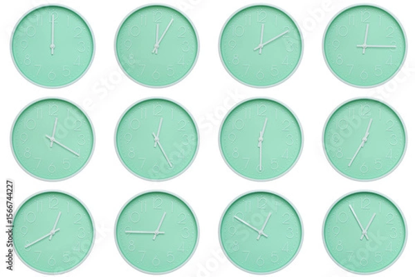 Fototapeta Collection of mint green wall clocks with white numbers and hands, each showing a different time 00:00 to 00:55 or 12:00 to 12:55. Perfect for concepts related to time, routine