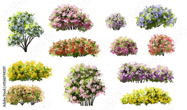 Fototapeta  Vector watercolor blooming flower tree or forest side view isolated on white background for landscape and architecture drawing,elements for environment or and garden,green tree for garden section 