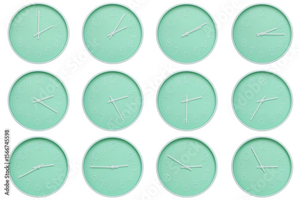 Fototapeta Collection of mint green wall clocks with white numbers and hands, each showing a different time 02:00 to 02:55 or 14:00 to 14:55. Perfect for concepts related to time, routine