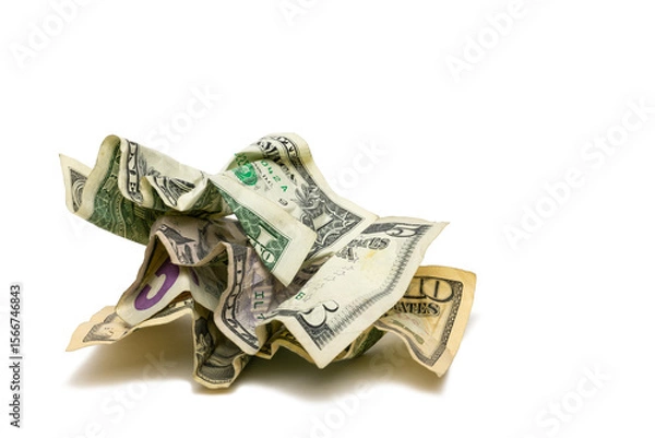 Fototapeta A One, Five, and Ten Dollar Bill Crumpled Up