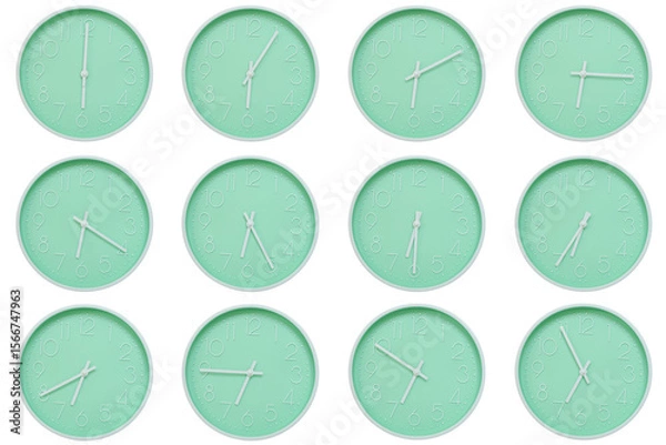 Fototapeta Collection of mint green wall clocks with white numbers and hands, each showing a different time 06:00 to 06:55 or 18:00 to 18:55. Perfect for concepts related to time, routine