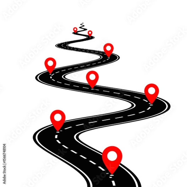 Fototapeta Winding road with location pins isolated on white background