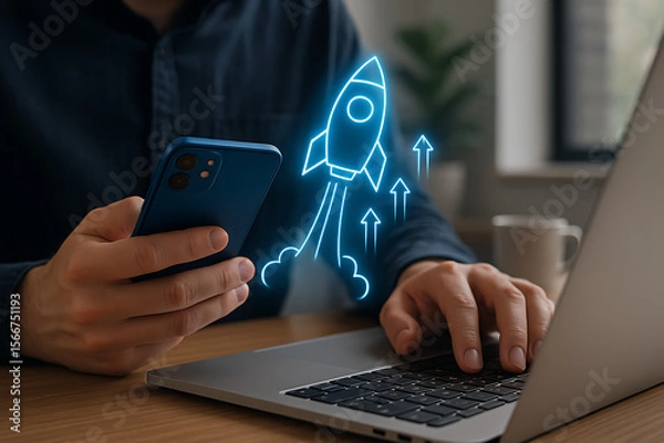 Fototapeta User with smartphone and laptop showing a glowing rocket and upward arrows indicating enhanced productivity accelerated progress and seamless digital integration for work tasks