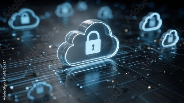 Obraz Cloud security and data protection, lock symbolizes safeguarding digital information access control in cloud computing.