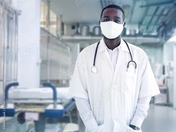 Fototapeta Portrait of an African male doctor wearing a face mask and standing in a lab coat with a portable stethoscope