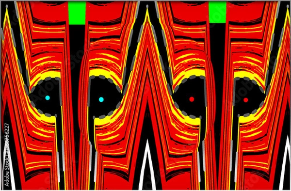 Fototapeta Bold geometric patterns in vibrant red, yellow, and black create a striking visual effect, Symmetrical shapes and curved lines form a rhythmic, almost hypnotic composition.