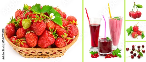 Fototapeta Set of very tasty juice, smoothie, strawberries, currants and cherries isolated on white
