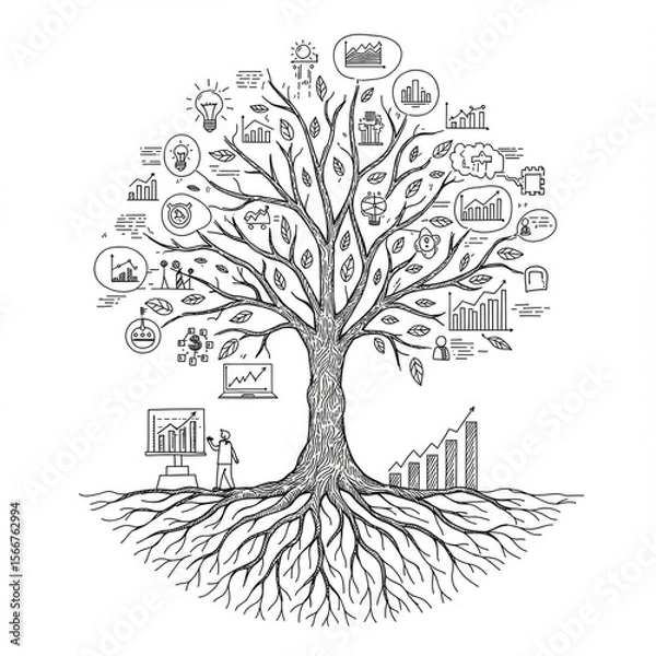Fototapeta Inspiring sketch of business growth concept. tree with deep roots and branches holding data and information icons represents financial analysis and success for corporation