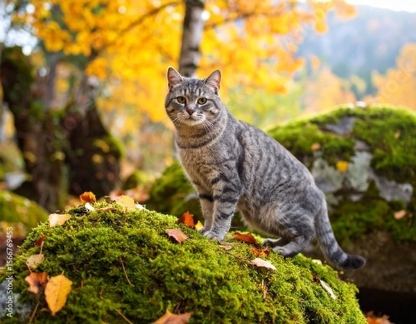 Obraz Cat enjoying the breathtaking snow covered mountains in the Dolomites on a sunny winter day. Picturesque alpine scenery a feline friend basks in winter sunlight amid dolomite peak.