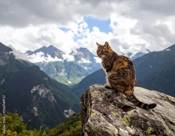 Fototapeta Orange tabby cat wearing green hiking backpack standing on rocky mountain summit overlooking layered mountain ranges during golden hour sunset with dramatic lighting. Ginger feline