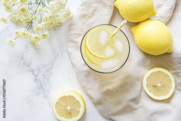 Fototapeta Refreshing lemonade with ice and fresh lemons on marble tabletop with flowers