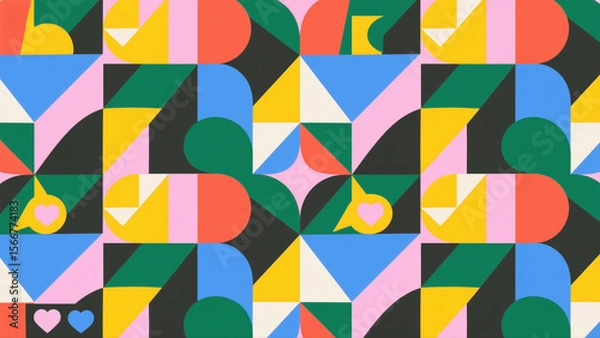 Fototapeta Geometric abstract pattern with hearts and vibrant colors, repeating design.