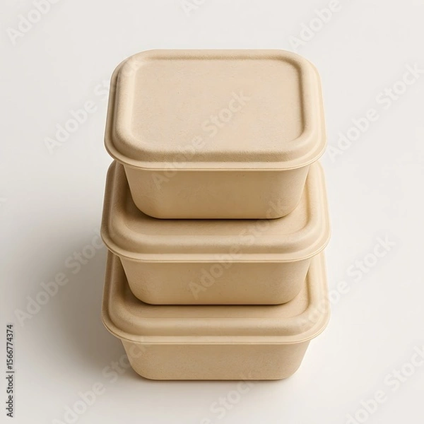 Obraz Overhead Flat Lay of Stacked Bamboo Food Containers - Eco Packaging