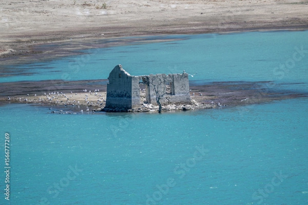 Fototapeta drying lake with a dry tree and a dilapidated house on it