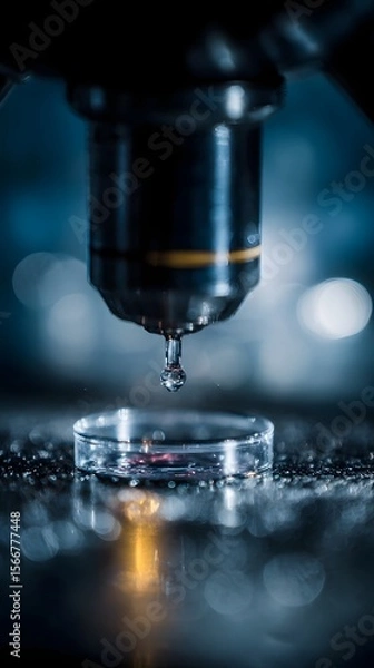 Fototapeta Meticulous scientific experiment with droplet under microscope