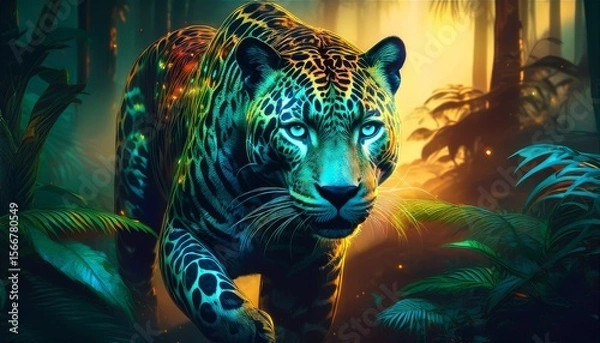 Obraz mystical jaguar with tribal markings walking through bioluminescent jungle at dawn fantasy inspired digital artwork