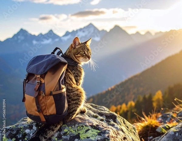 Fototapeta Orange tabby cat wearing green hiking backpack standing on rocky mountain summit overlooking layered mountain ranges during golden hour sunset with dramatic lighting. Ginger feline