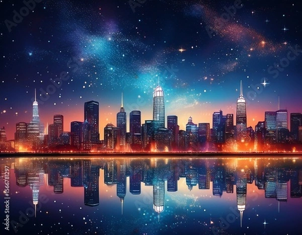 Obraz night cityscape reflecting on calm waters under a starlit sky