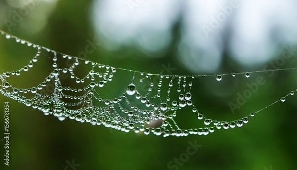 Obraz multiple dew drops suspended on spider web with green forest reflections
