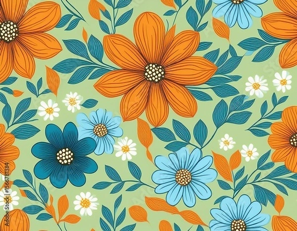 Obraz seamless floral pattern of orange and blue flowers on light green background for wallpaper or fabric