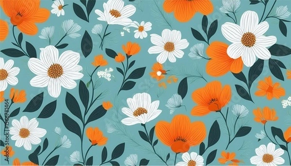 Obraz seamless floral pattern of orange and white flowers on light blue background for wallpaper or fabric