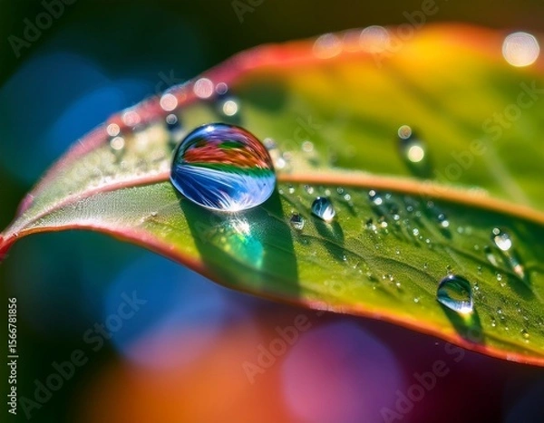 Obraz macro photo of a dewdrop on a green leaf reflecting rainbow colors with soft bokeh background and detailed leaf texture
