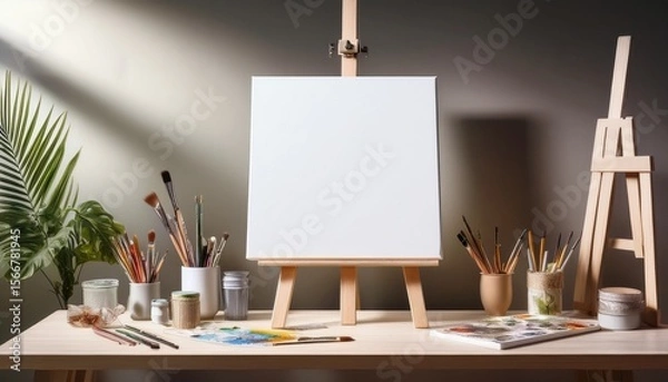 Obraz blank canvas on easel art tools and supplies bright studio space soft lighting