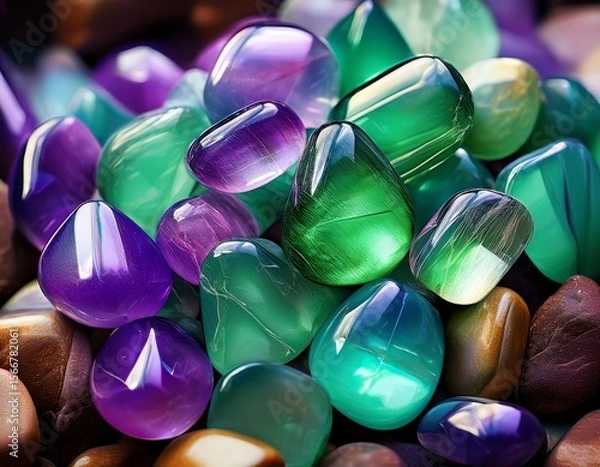 Obraz close up of vibrant green and purple tumbled crystals