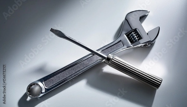 Obraz metal wrench and open ended tool close up on white surface with shadows