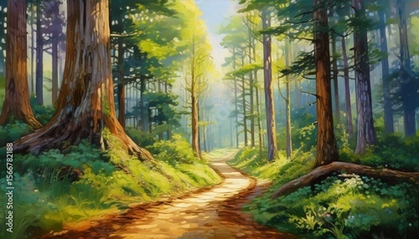 Obraz painting of path winding through forest tall trees