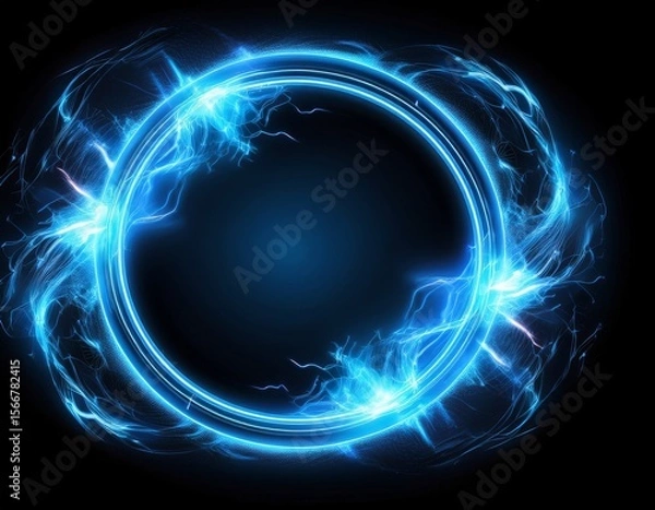 Obraz electric blue hologram isolated on transparent circles lightning round frame with plasma portal layer overlay on black