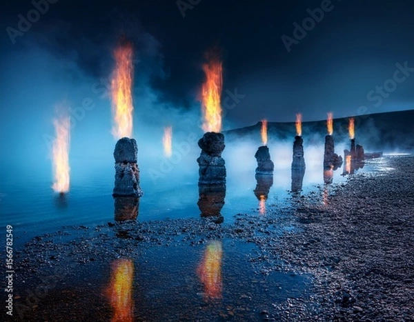 Obraz burning stone pillars emerging from misty volcanic lake in surreal night landscape