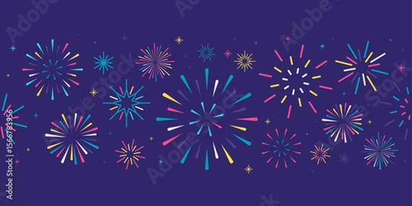 Fototapeta Colorful sparkling fireworks burst festive celebration party banner vector, Set of modern exploding firework icons with stars & sparks for Christmas, Holiday, Diwali, Business, Ads