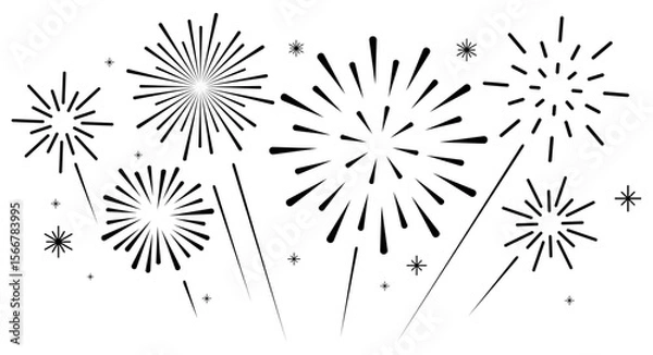Fototapeta Fireworks black and white simple modern line art flat 
vector icons isolated on white background, Celebration banner elements design for Christmas, New year, Holiday, Anniversary, Party, Diwali