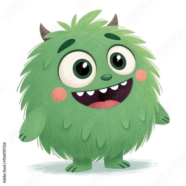 Fototapeta Fun Green Monster Cartoon Character with Horns and Smiling Face on White Background