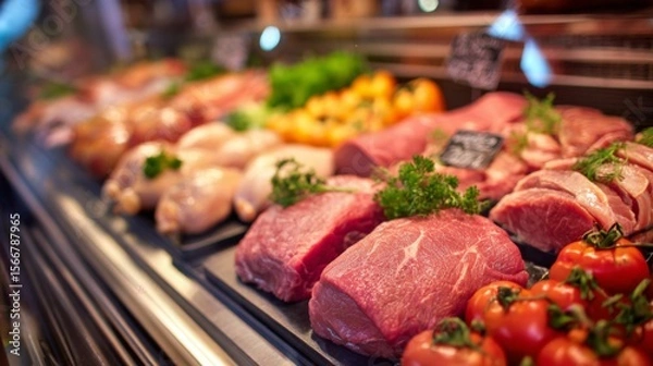 Fototapeta A variety of fresh raw meats, including beef, pork, and chicken, displayed at a butcher shop