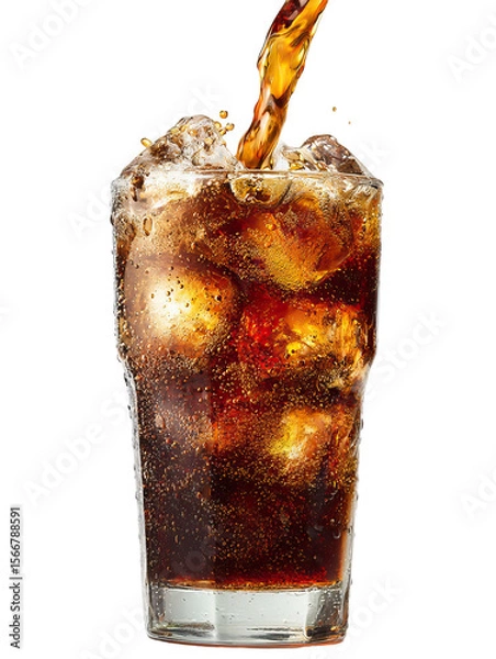 Fototapeta Pouring Cola into Glass – Dynamic Shot of Cola Being Poured with Bubbles on Transparent Background