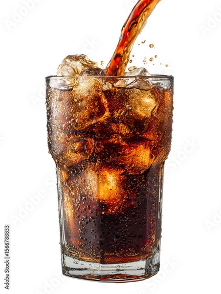 Fototapeta Pouring Cola into Glass – Dynamic Shot of Cola Being Poured with Bubbles on Transparent Background