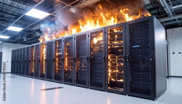 Fototapeta IT server racks ablaze with flames in a data center
