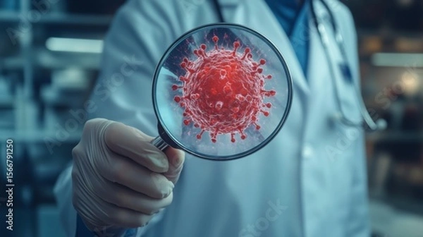 Fototapeta A scientist in lab coat and gloves holds a magnifying glass focusing on a red virus particle, symbolizing research and study of infectious diseases.
