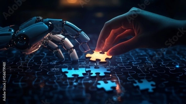 Fototapeta A human hand and a robotic hand collaboratively complete a glowing puzzle piece, symbolizing human-AI partnership.