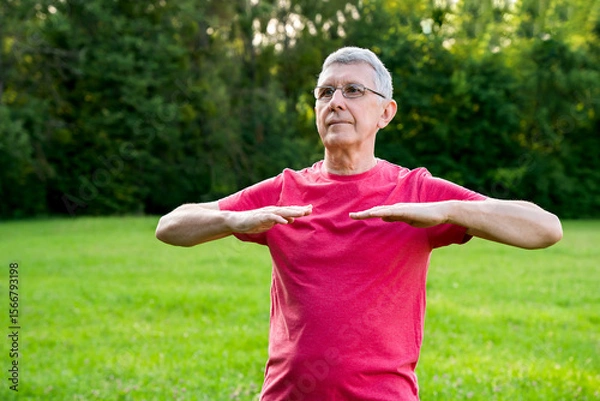 Fototapeta Portrait of mature man while doing sport in city park. Healthy lifestyle concept. Copy space.