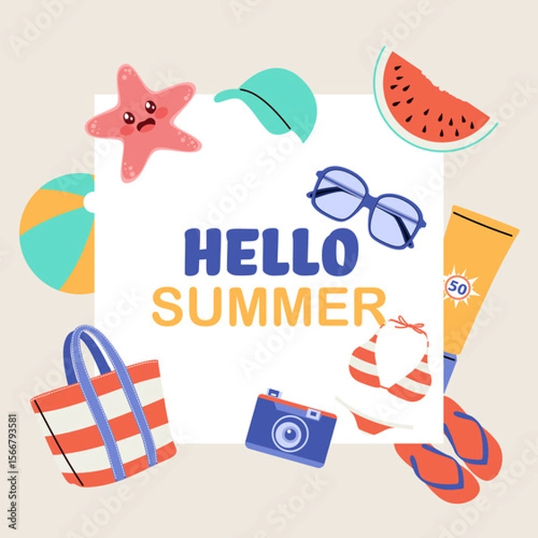 Obraz Colorful cartoon composition featuring summer elements and “Hello Summer” text with space for design or message vector illustration 