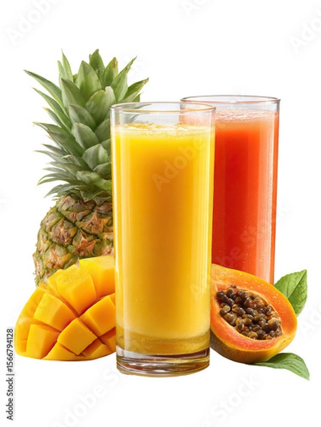 Fototapeta  Tropical Fruit Juice Set – Pineapple, Mango, and Papaya Juices on Transparent Background