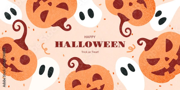 Obraz Halloween holiday banner background with friendly ghosts and smiling orange jack-o'-lantern pumpkins, modern design with a textured effect for a seasonal party or sale promotion, vector illustration.