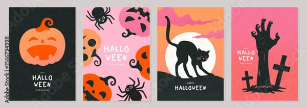 Obraz Set of scary Halloween greeting card templates with textured art, featuring a black cat under the full moon, a zombie hand rising from the grave, and spooky jack-o'-lantern designs, vector